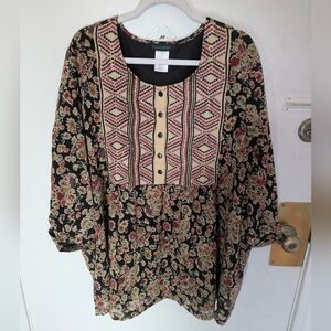 Ulla Popken Black Floral Embroidered Tunic with Pink & Cream Accents Size 24/26